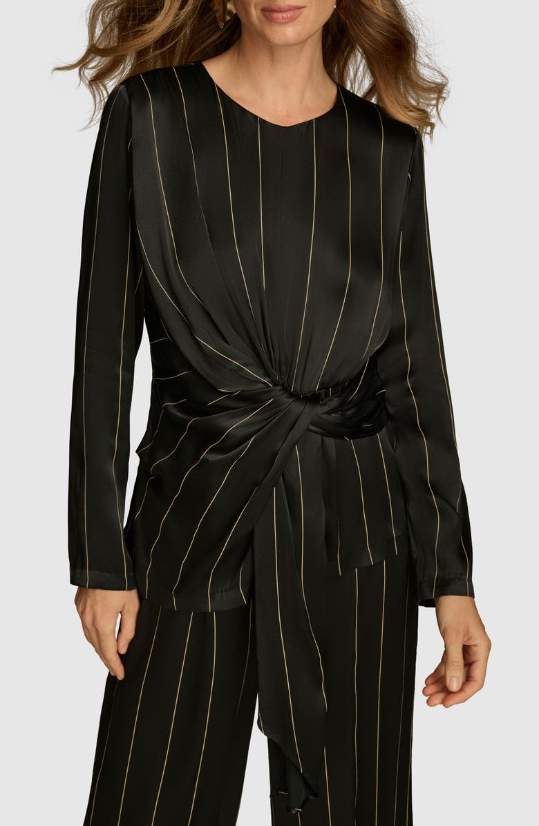 Donna Karan New York Pinstripe Long Sleeve Tie Waist Satin Top, Main, color, Black/ Ivory