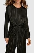 Donna Karan New York Pinstripe Long Sleeve Tie Waist Satin Top