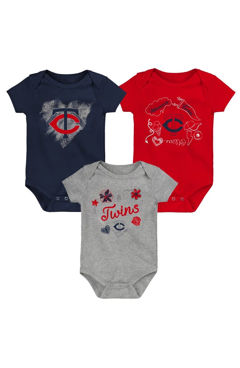 Outerstuff Infant Navy/Red/Gray Minnesota Twins Batter Up 3-Pack Bodysuit Set, Main, color, Navy