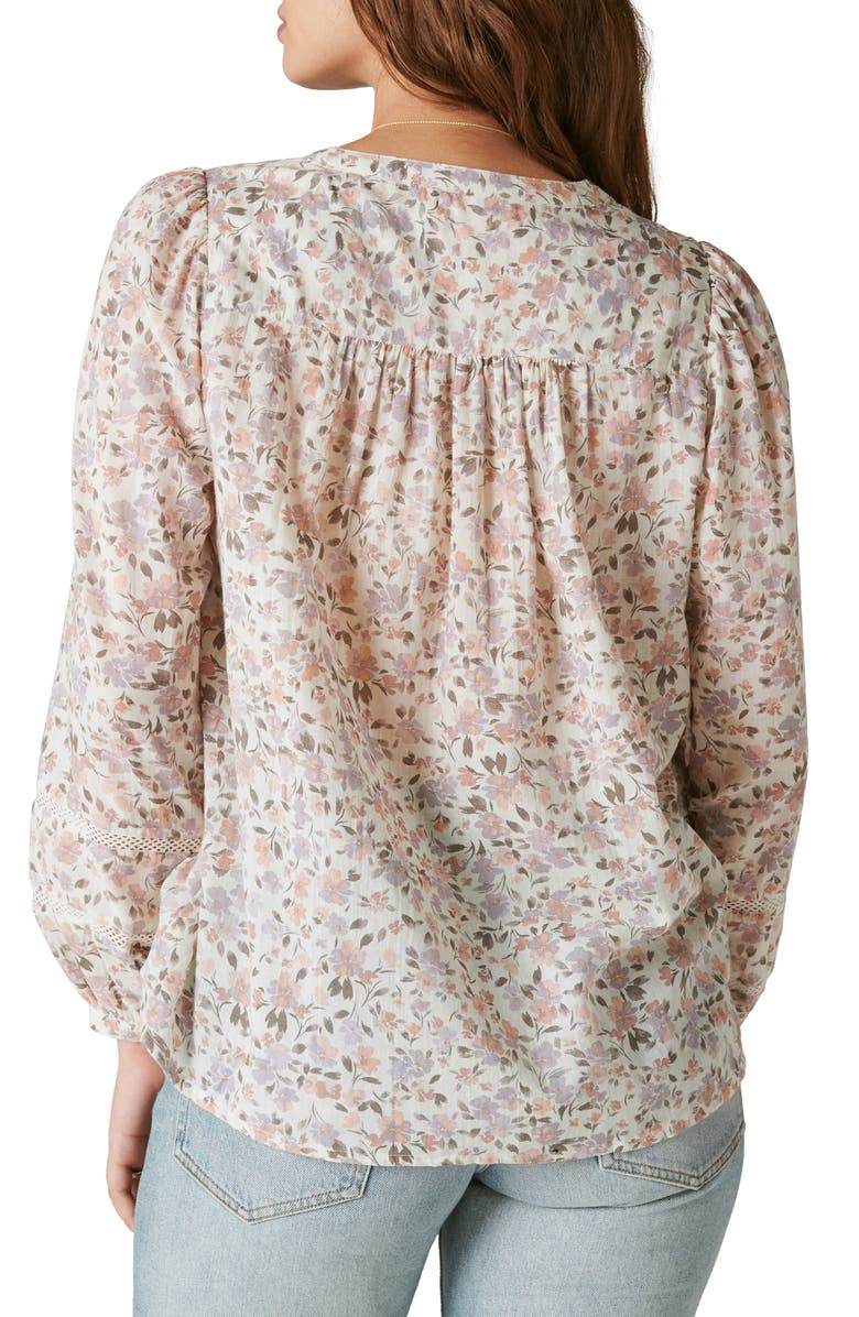 Lucky Brand Lace Inset Long Sleeve Cotton Top, Alternate, color, 