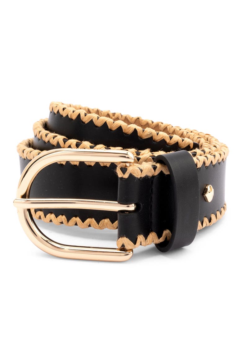 straw edge leather belt, Alternate, color, BLACK