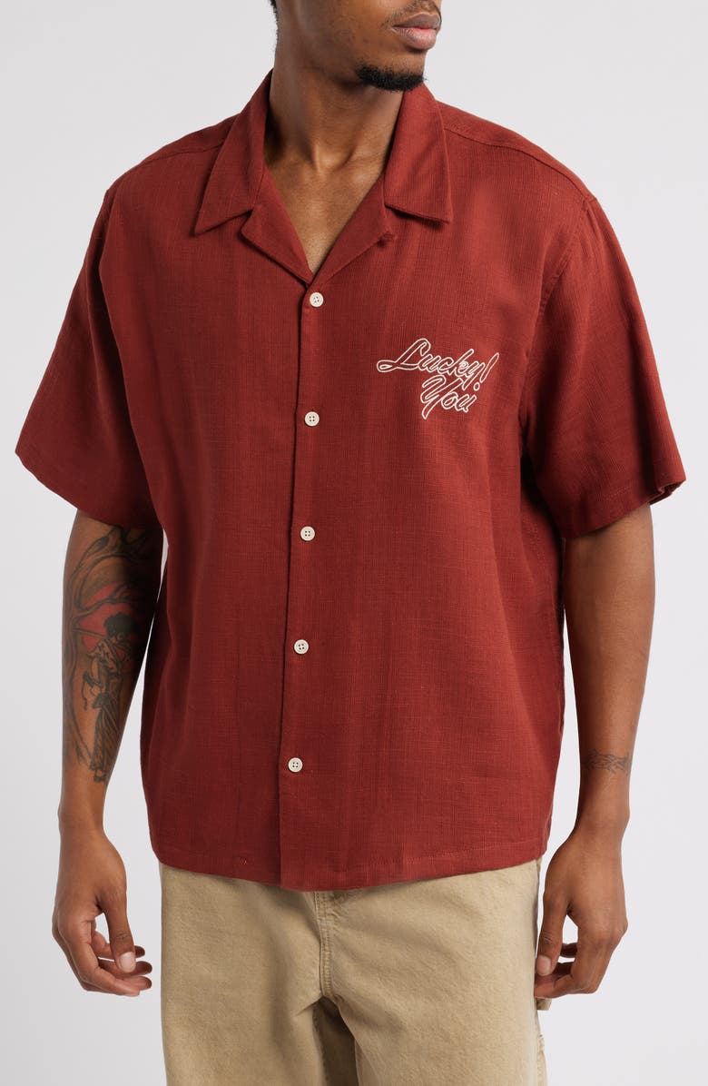 PacSun Oversize Embroidered Lucky You Camp Shirt, Main, color, 