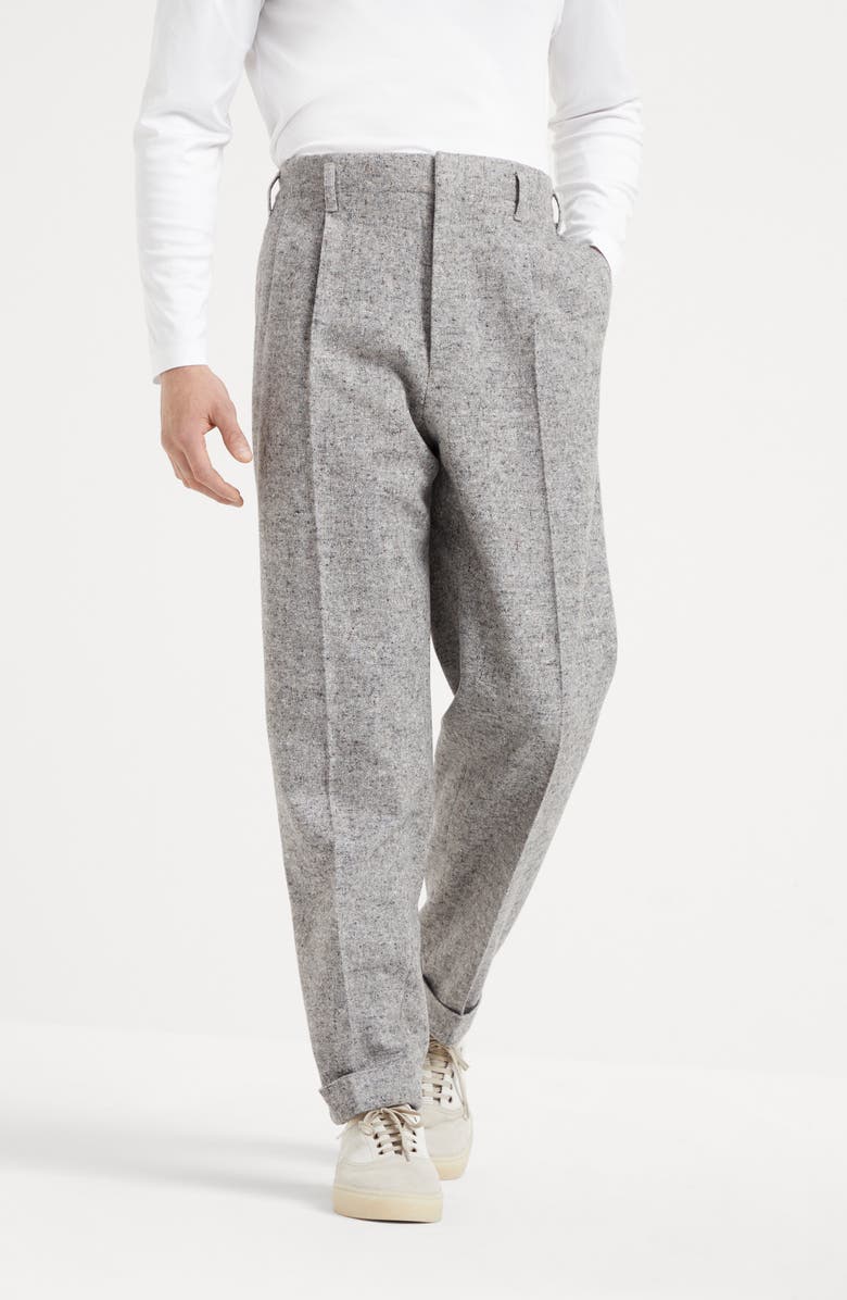 Brunello Cucinelli Virgin wool and silk donegal relaxed fit trousers with double pleats, Alternate, color,