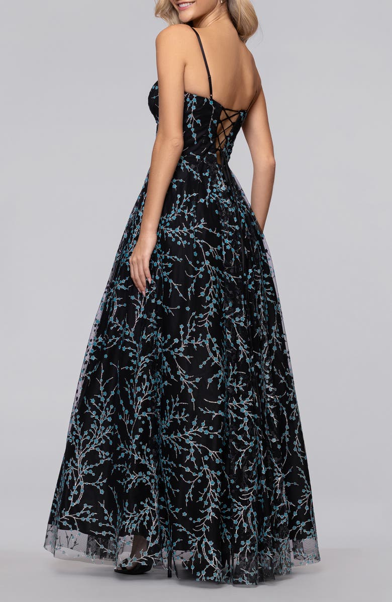 Blondie Nites Caviar Glitter Illusion Bodice Ballgown, Alternate, color, Black/ Aqua