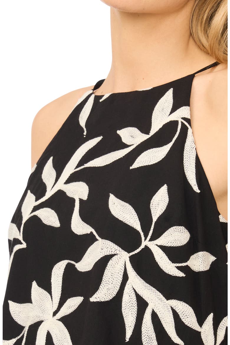Embroidered Leaf Print Cotton A-Line Sundress, Alternate, color, RICH BLACK