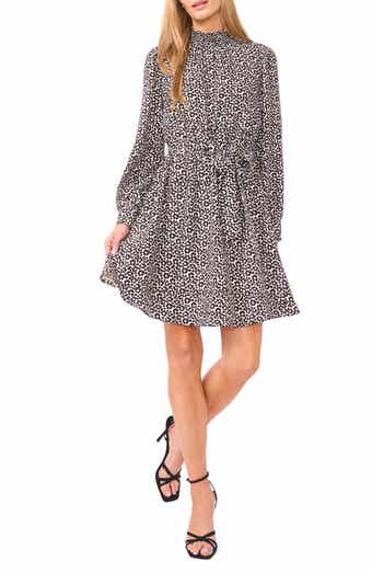 Flower Print Long Sleeve Smock Neck Dress