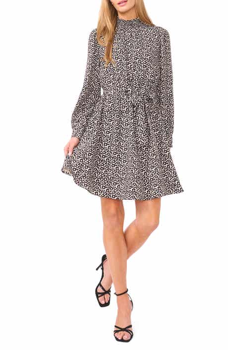Halogen® Flower Print Long Sleeve Smock Neck Dress
