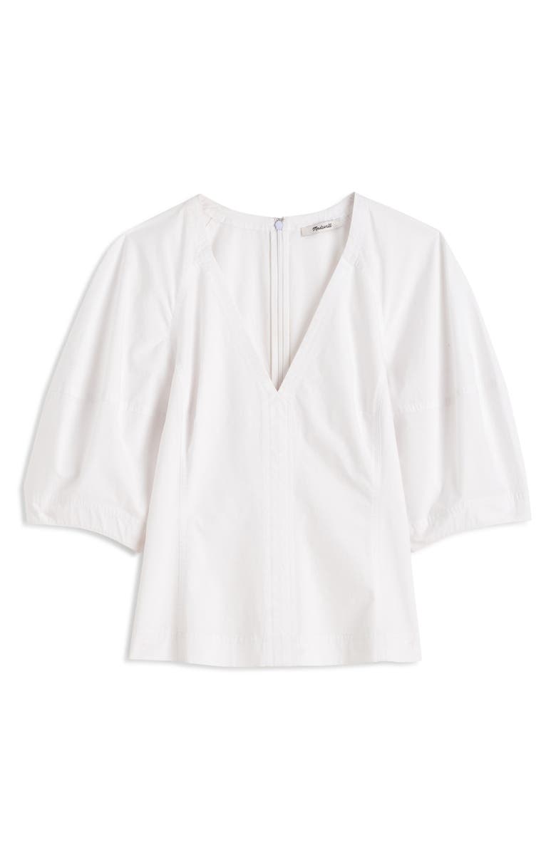 Madewell Sculptural V-Neck Cotton Poplin Top, Alternate, color, White