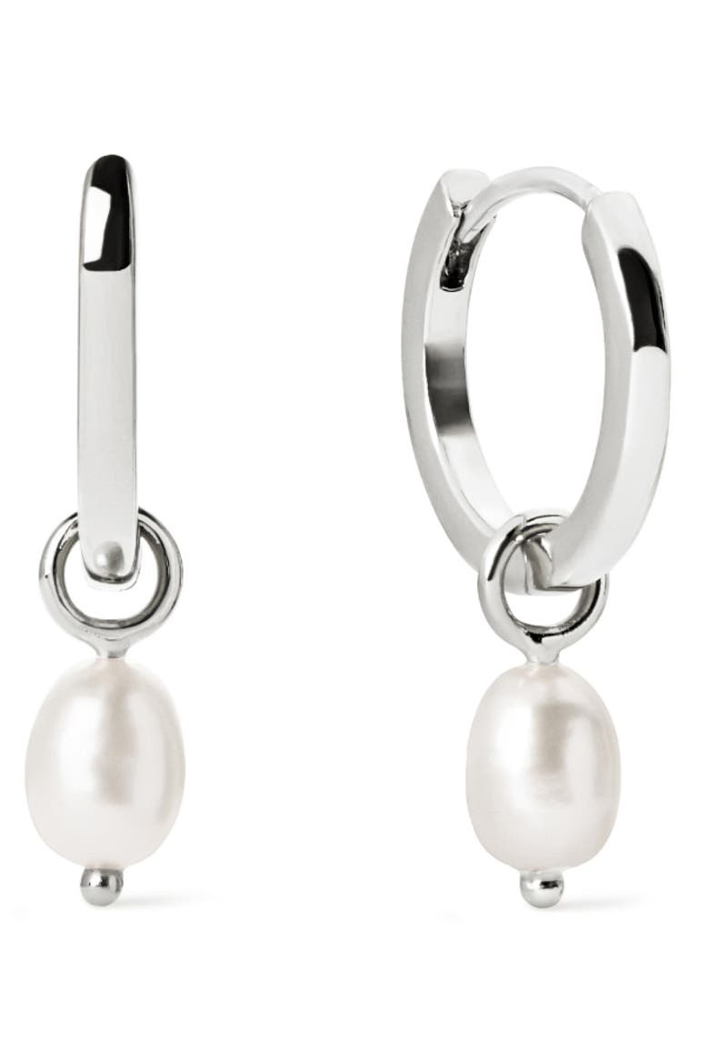 Freshwater Pearl Huggie Hoop Earrings, Main, color, SILVER / WHITE