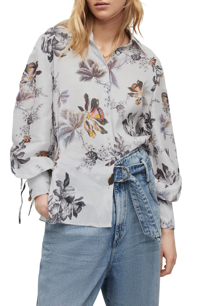 AllSaints Leyla Lilly Floral Linen Blend Button-Up Shirt, Main, color,