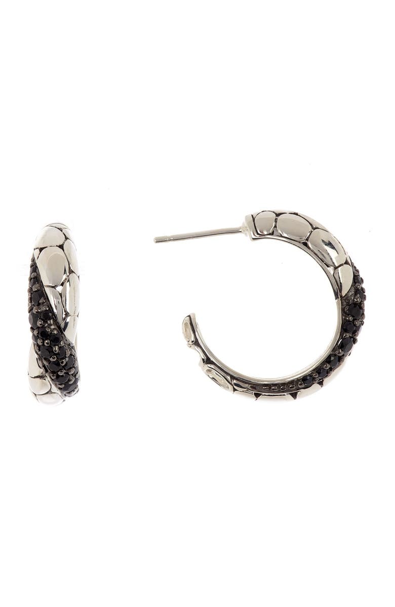 John Hardy Kali Arus Sterling Silver Black Sapphire Hoop Earrings, Main, color,