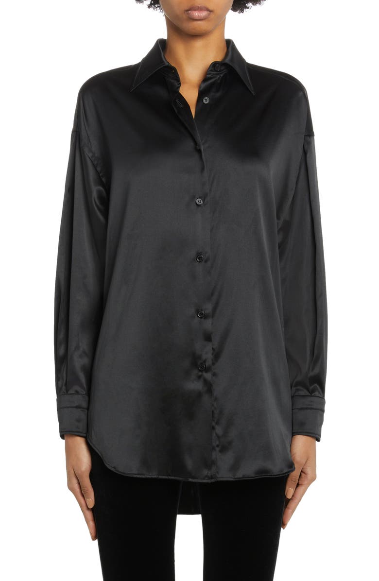 TOM FORD Relaxed Fit Stretch Silk Satin Blouse, Main, color, Black