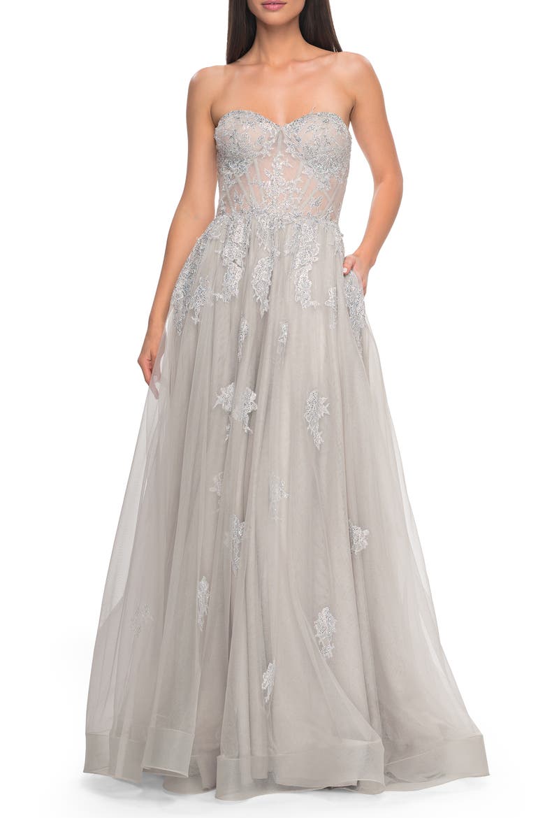 Gorgeous Lace A-Line Dress with Rhinestone Lace Details, Main, color, Silver