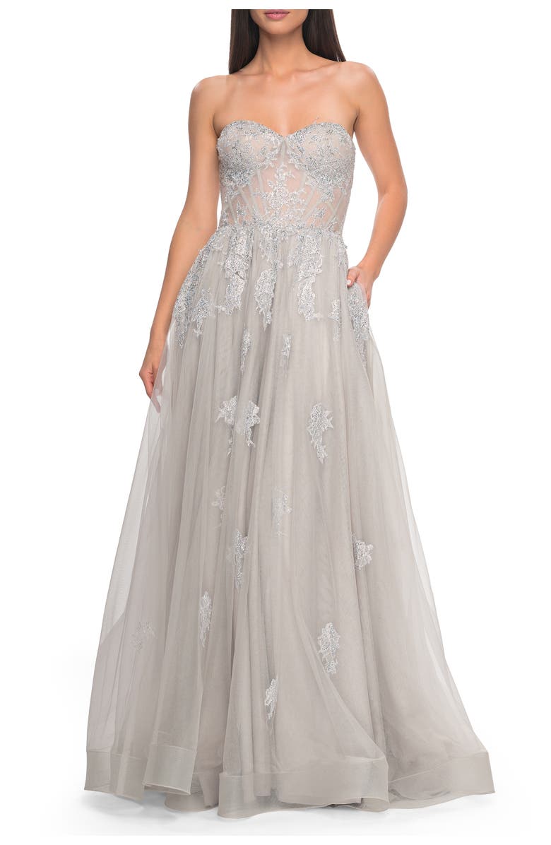 La Femme Gorgeous Lace A-Line Dress with Rhinestone Lace Details, Main, color, Silver