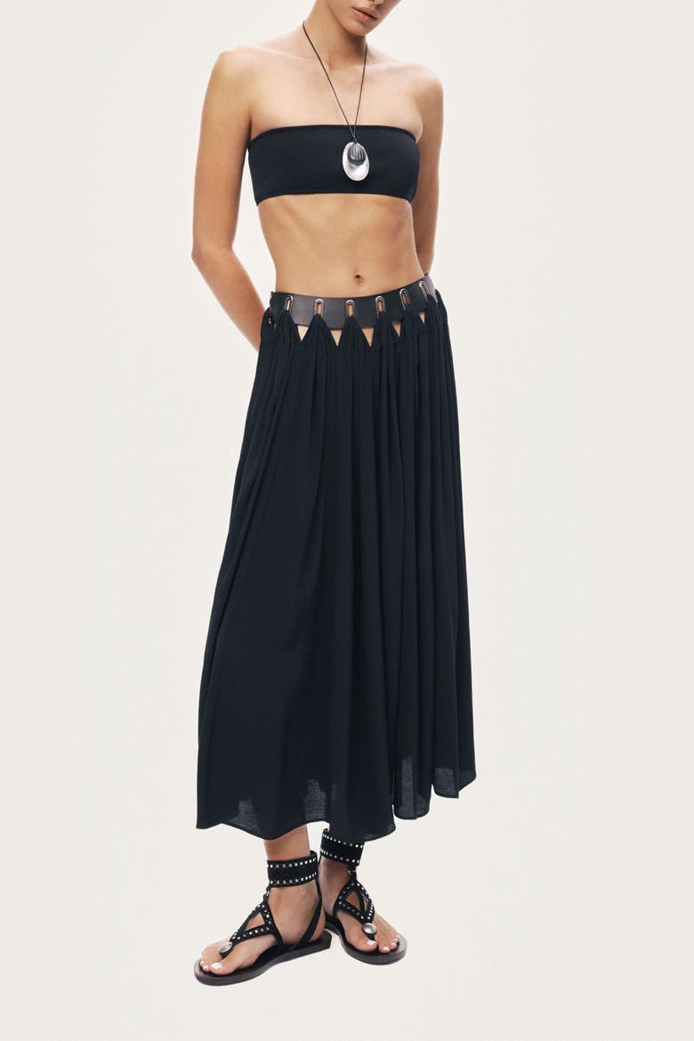 Pleated Ring-Detail Midi Skirt, Alternate, color, Black