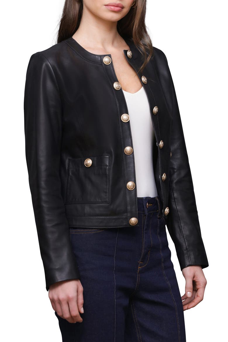 Genuine Leather Collarless Lady Jacket, Alternate, color, BLACK