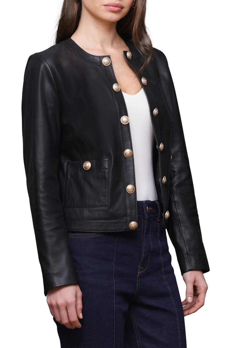 Bagatelle Genuine Leather Collarless Lady Jacket, Alternate, color, Black