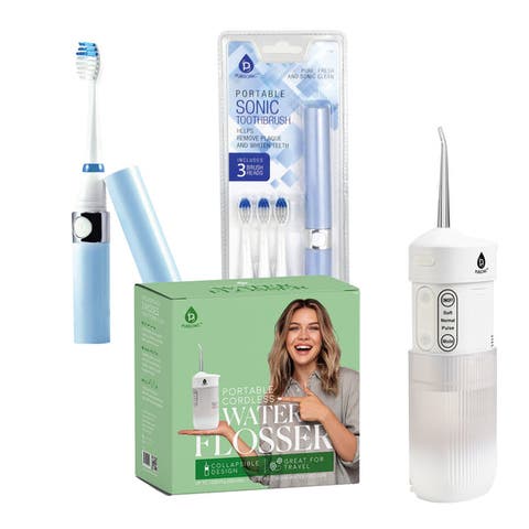 Compact Travel Oral Care Bundle: Portable USB Rechargeable Collapsible Water Flosser and Pursonic Portable Electric Toothbrush