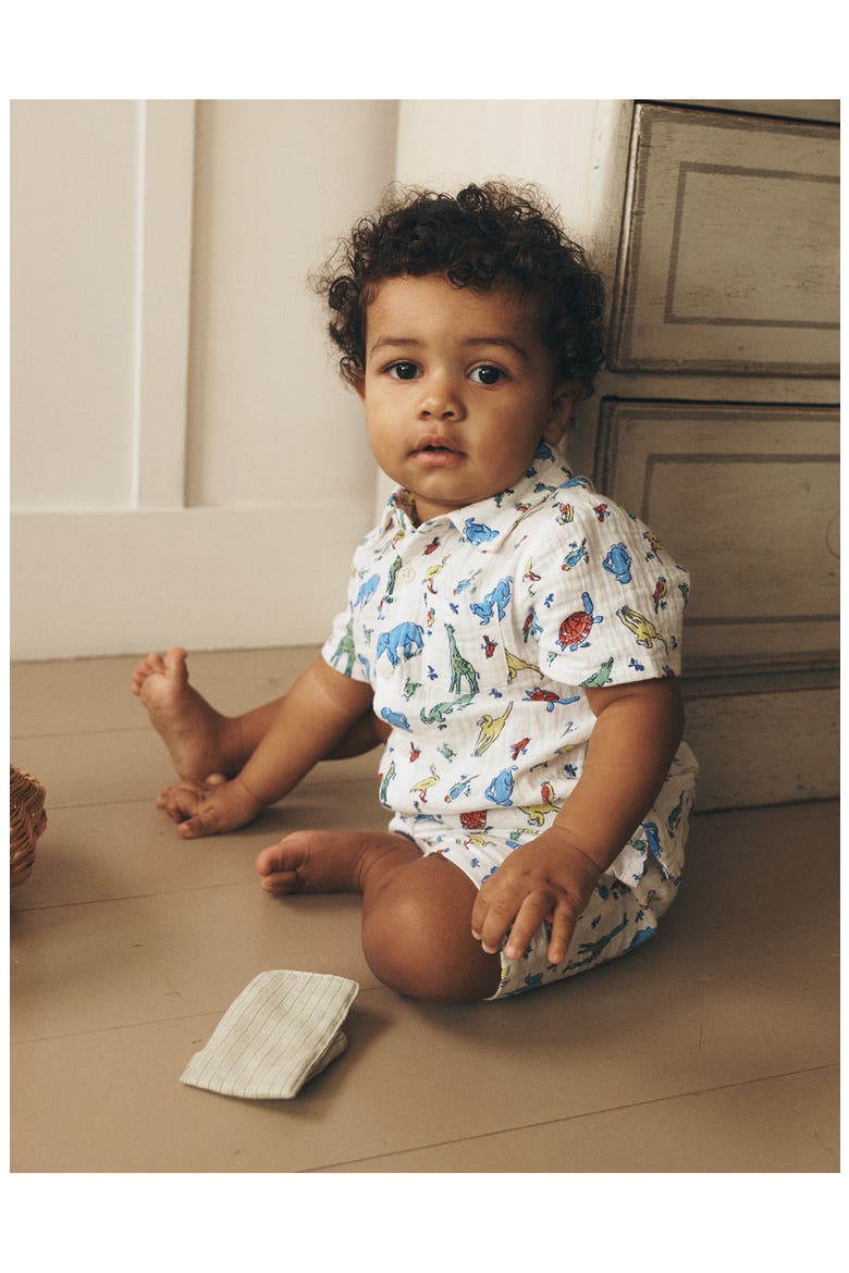Cotton Gauze Short Sleeve Button-Up & Shorts Set, Alternate, color, IVORY MULTI JUNGLE ANIMALS