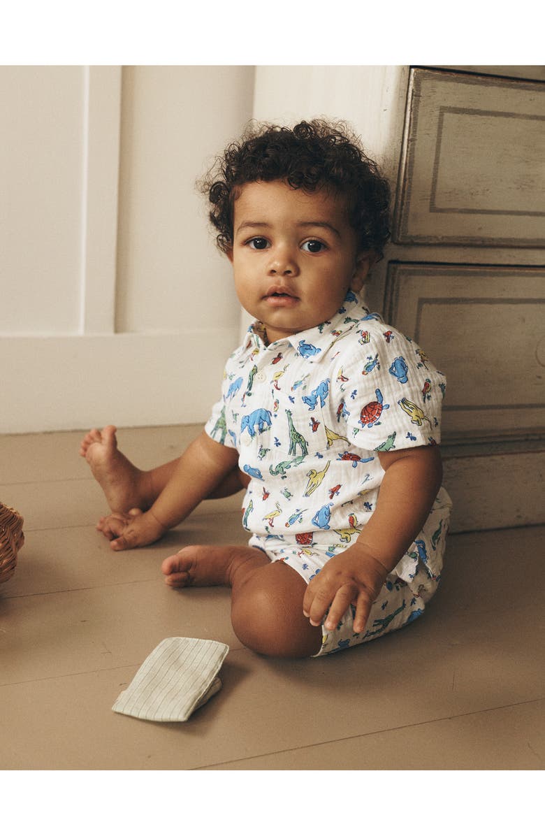Mini Boden Cotton Gauze Short Sleeve Button-Up & Shorts Set, Alternate, color, Ivory Multi Jungle Animals