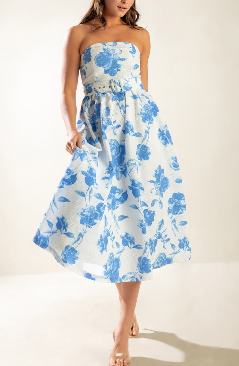 FREEMARKET Floral Strapless Midi Dress, Alternate, color, Blue