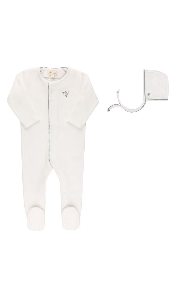 Velour Embroidered Bird & Butterfly Collection - Footie + Bonnet, Main, color, Ivory