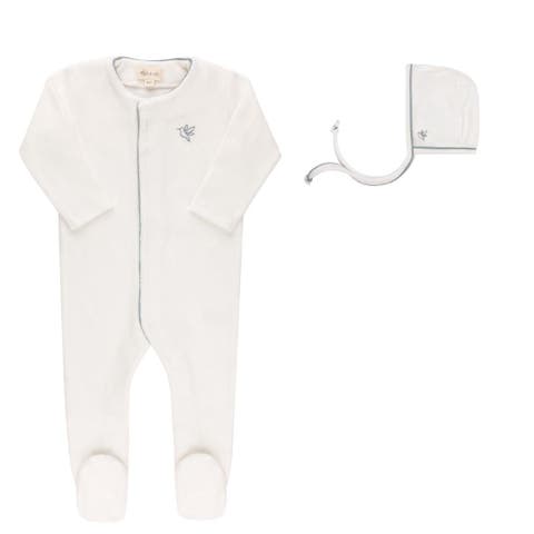 Velour Embroidered Bird & Butterfly Collection - Footie + Bonnet