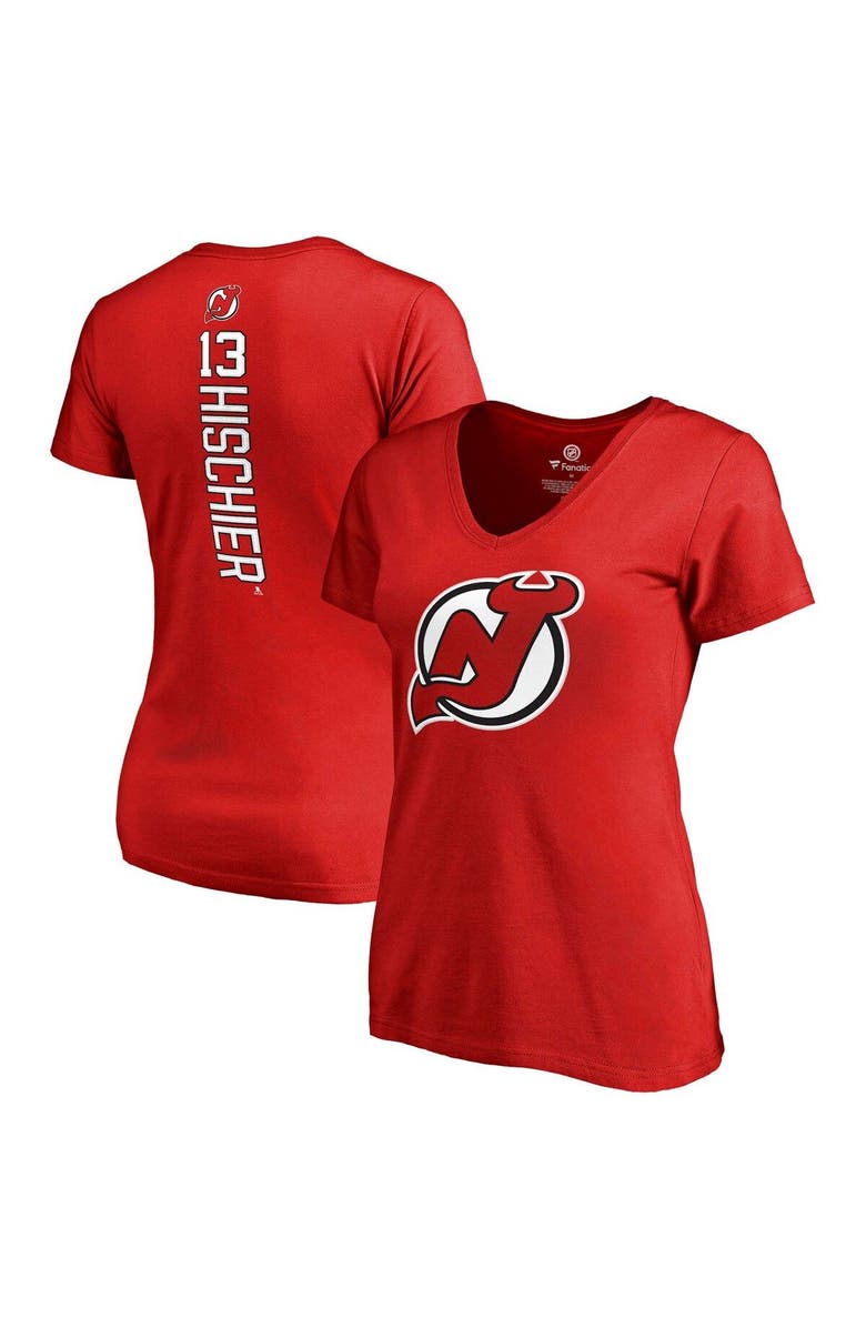 FANATICS Women's Fanatics Branded Nico Hischier Red New Jersey Devils Plus Size Backer Name & Number V-Neck T-Shirt, Main, color, 