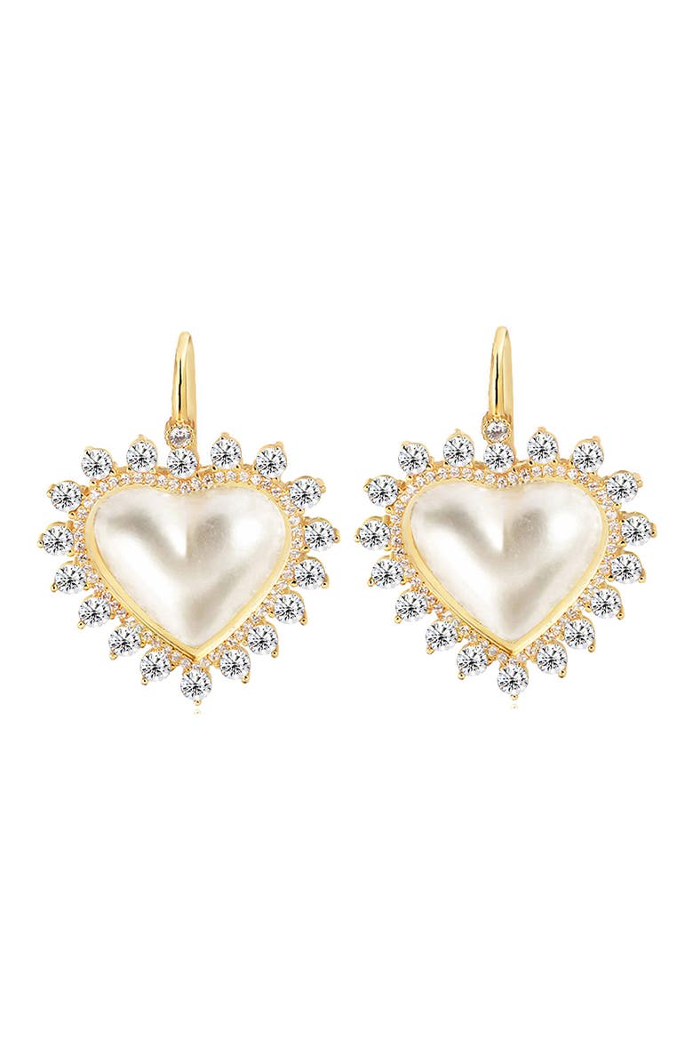 14K Gold Plated Sterling Silver Cubic Zirconia & Mother-of-Pearl Heart Drop Earrings, Main, color, GOLD