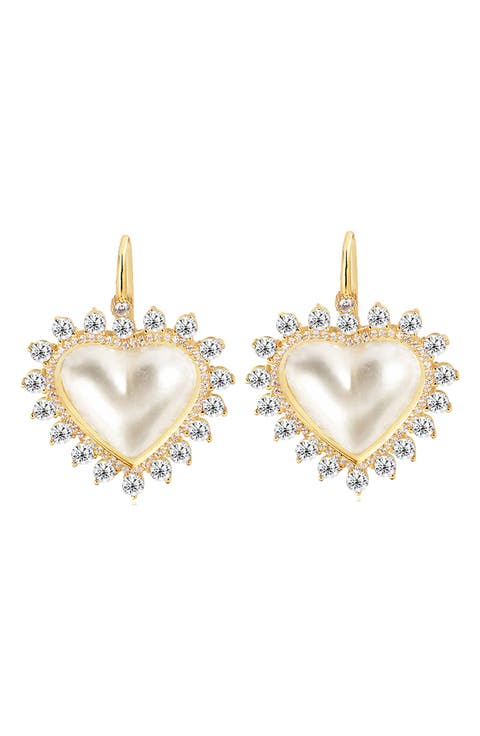 14K Gold Plated Sterling Silver Cubic Zirconia & Mother-of-Pearl Heart Drop Earrings