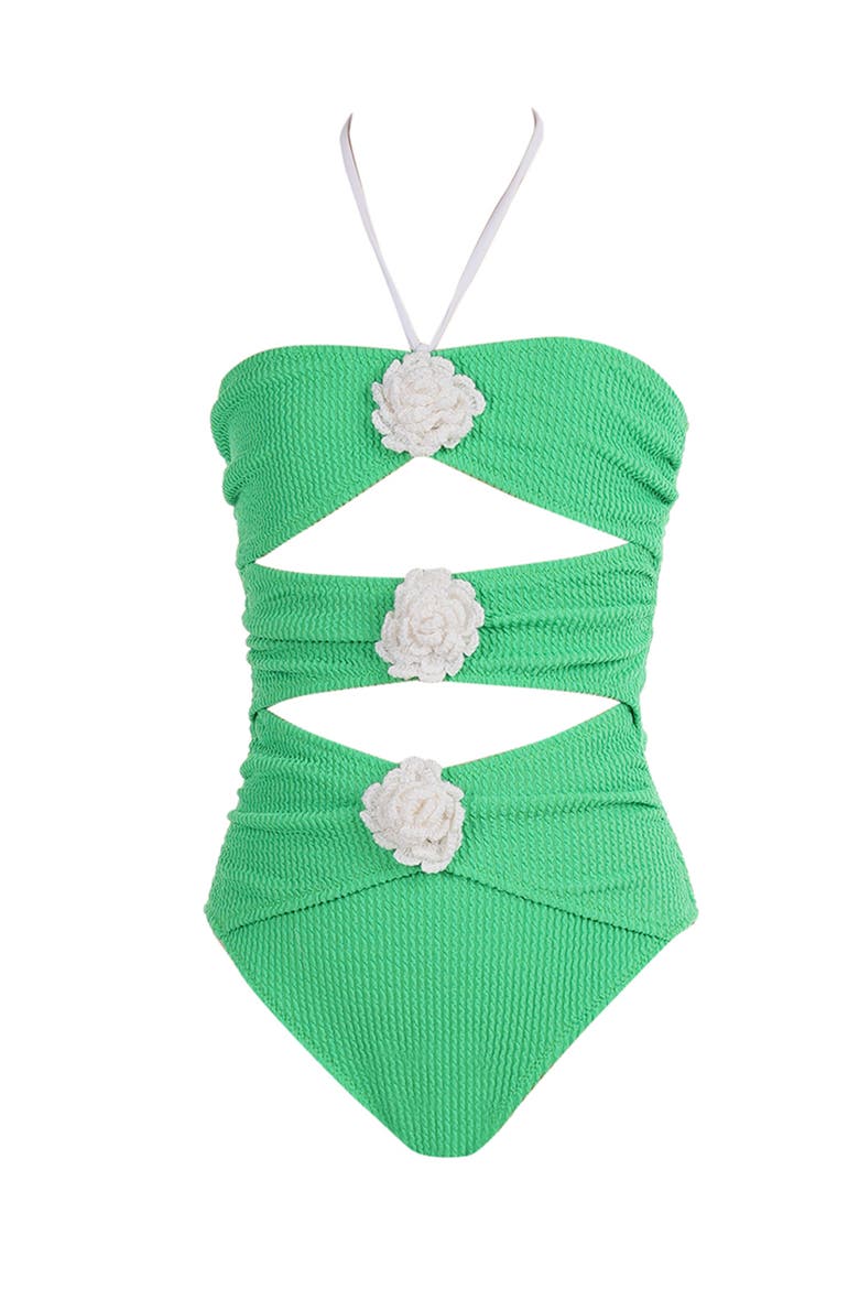 Hand-Made Crochet Flower Detail Cut-Out One Piece Swimsuit, Little Kid-Big Kid, Main, color, Green