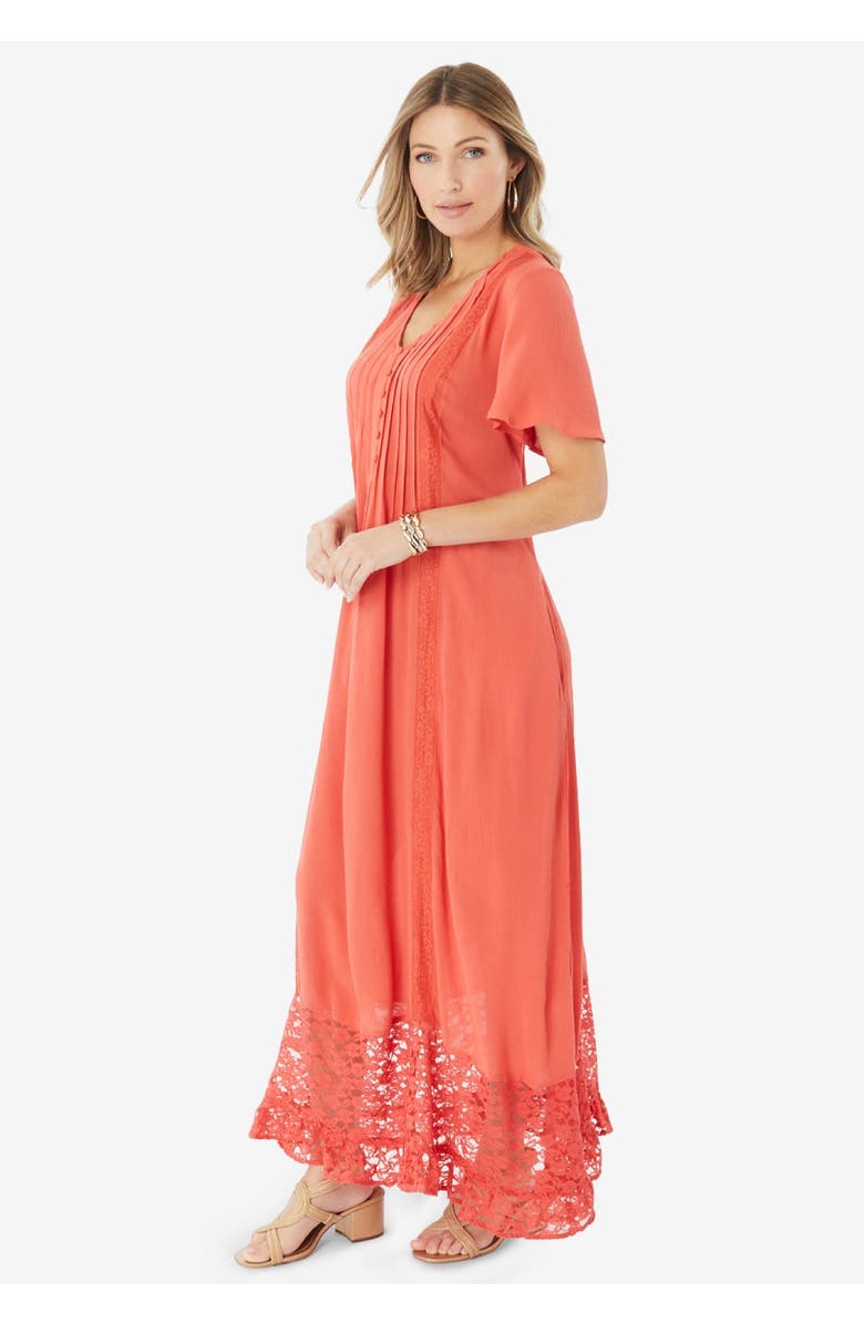 Roaman's Hand-Crinkled Lace-Panelled Boho Dress, Alternate, color, Dusty Coral