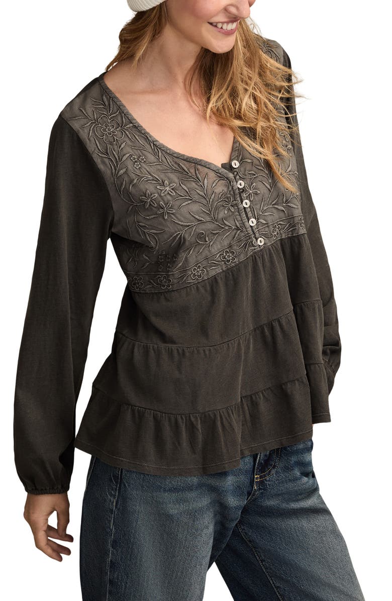 Lucky Brand Embroidered Yoke Cotton & Modal Jersey Top, Alternate, color, Raven