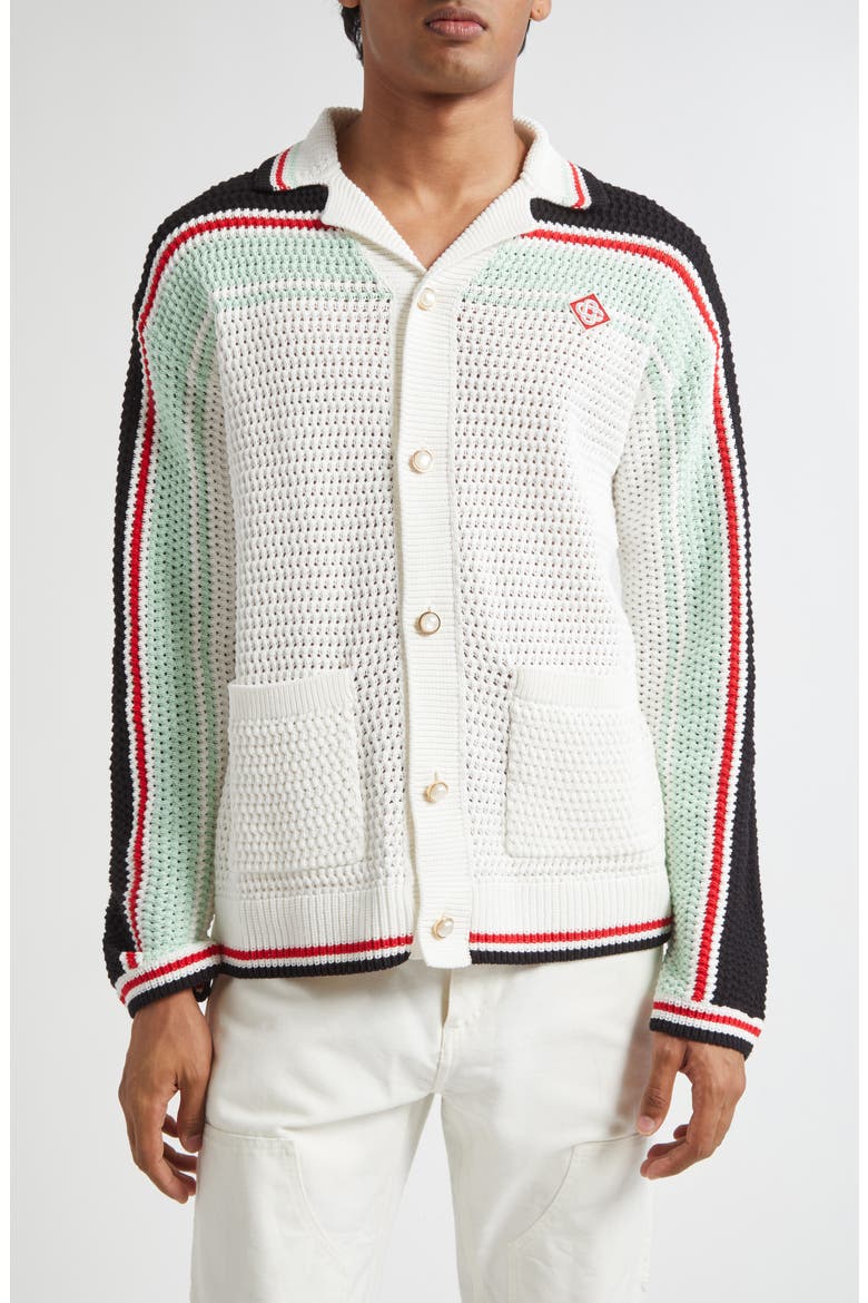 Camp Collar Long Sleeve Cotton Crochet Cardigan, Main, color, WHITE/ BLACK MULTI