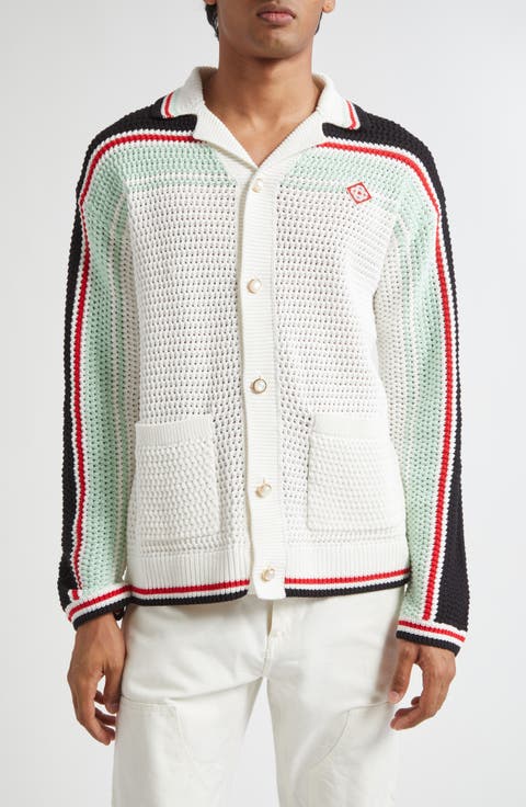 Camp Collar Long Sleeve Cotton Crochet Cardigan