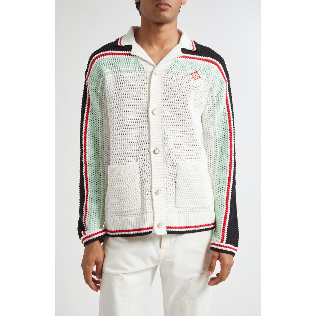 Casablanca Camp Collar Long Sleeve Cotton Crochet Cardigan in White/Black Multi  product