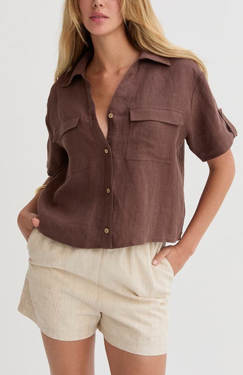 Button Down Short Sleeve Linen Top