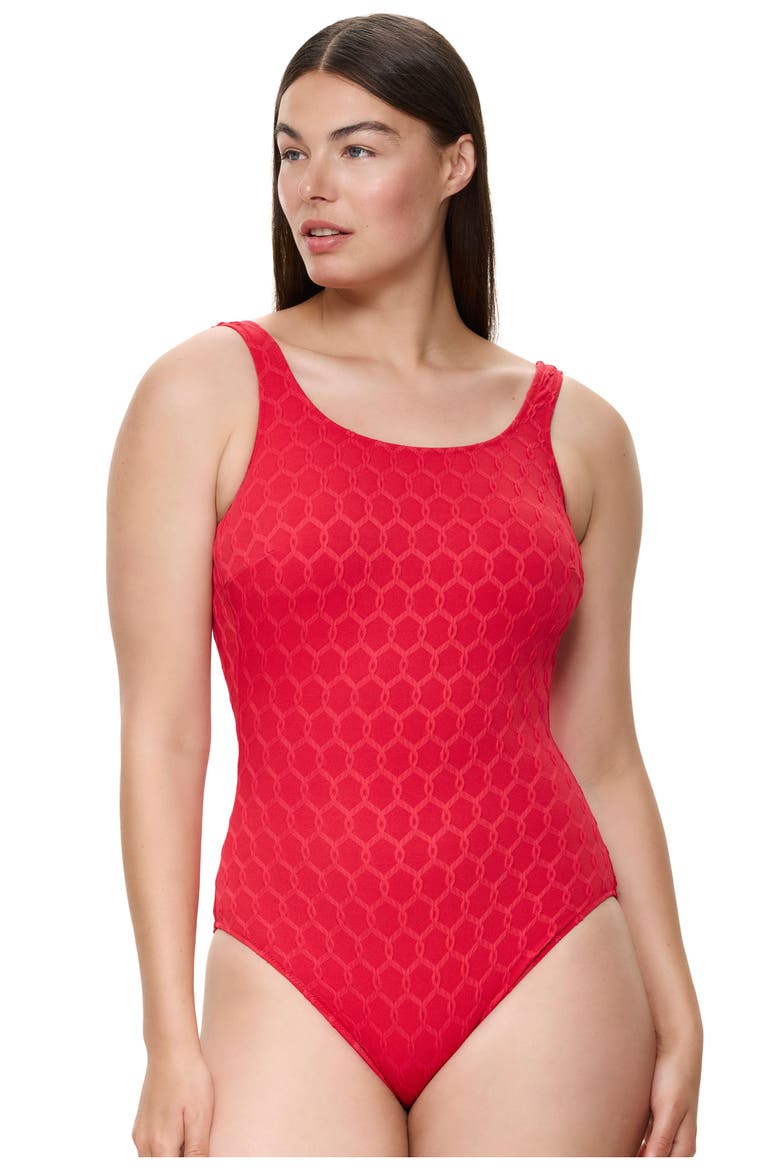 Chained Reaction Textured Post Mastectomy High Neck One Piece, Alternate, color, Red