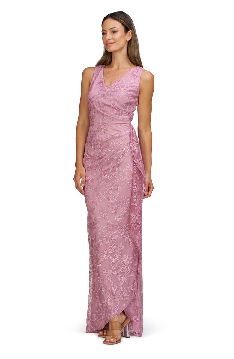 JS Collections Blakely Floral Embroidery Ruched Gown, Alternate, color, Lilac