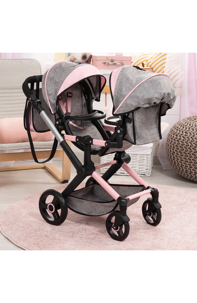 Bayer Design Xeo Twin Pram Butterfly Grey & Pink Matching Handbag, Dolls 20 Inches, Alternate, color, Multicolored