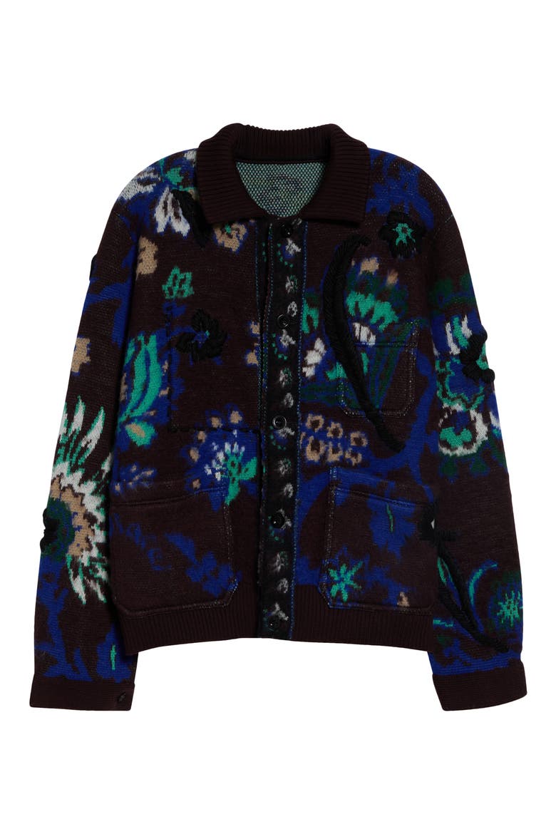Floral Jacquard Knit Blouson Cardigan Sweater, Main, color, BROWN