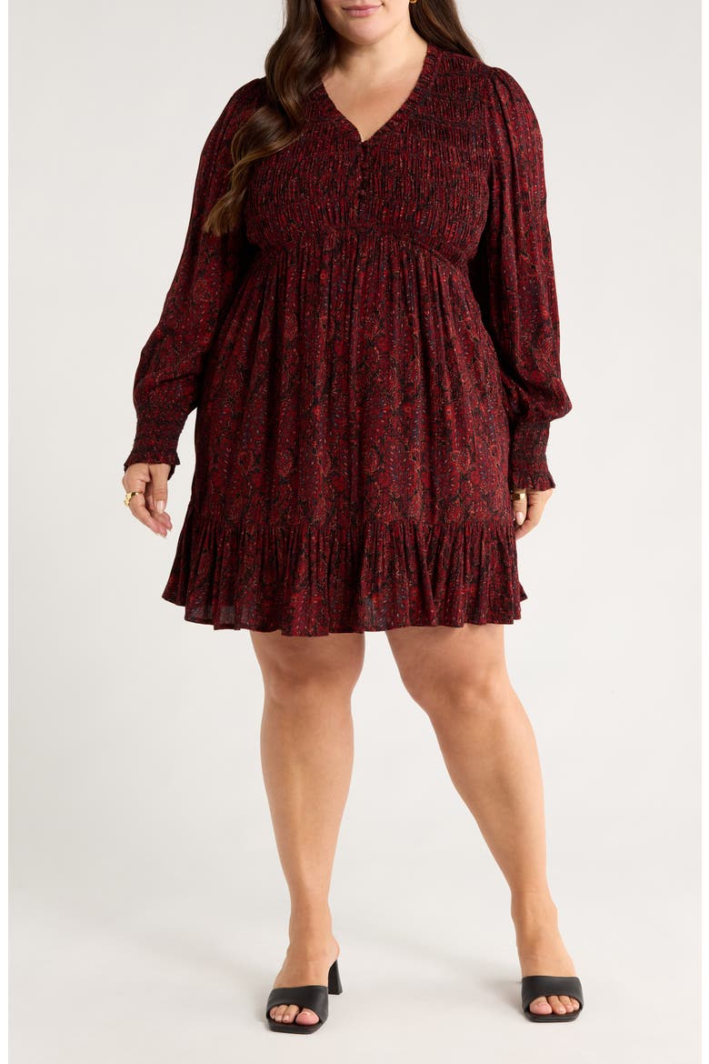 Long Sleeve Smocked Bodice Dress, Main, color, BLACK- RED GEMMA MEDALLION