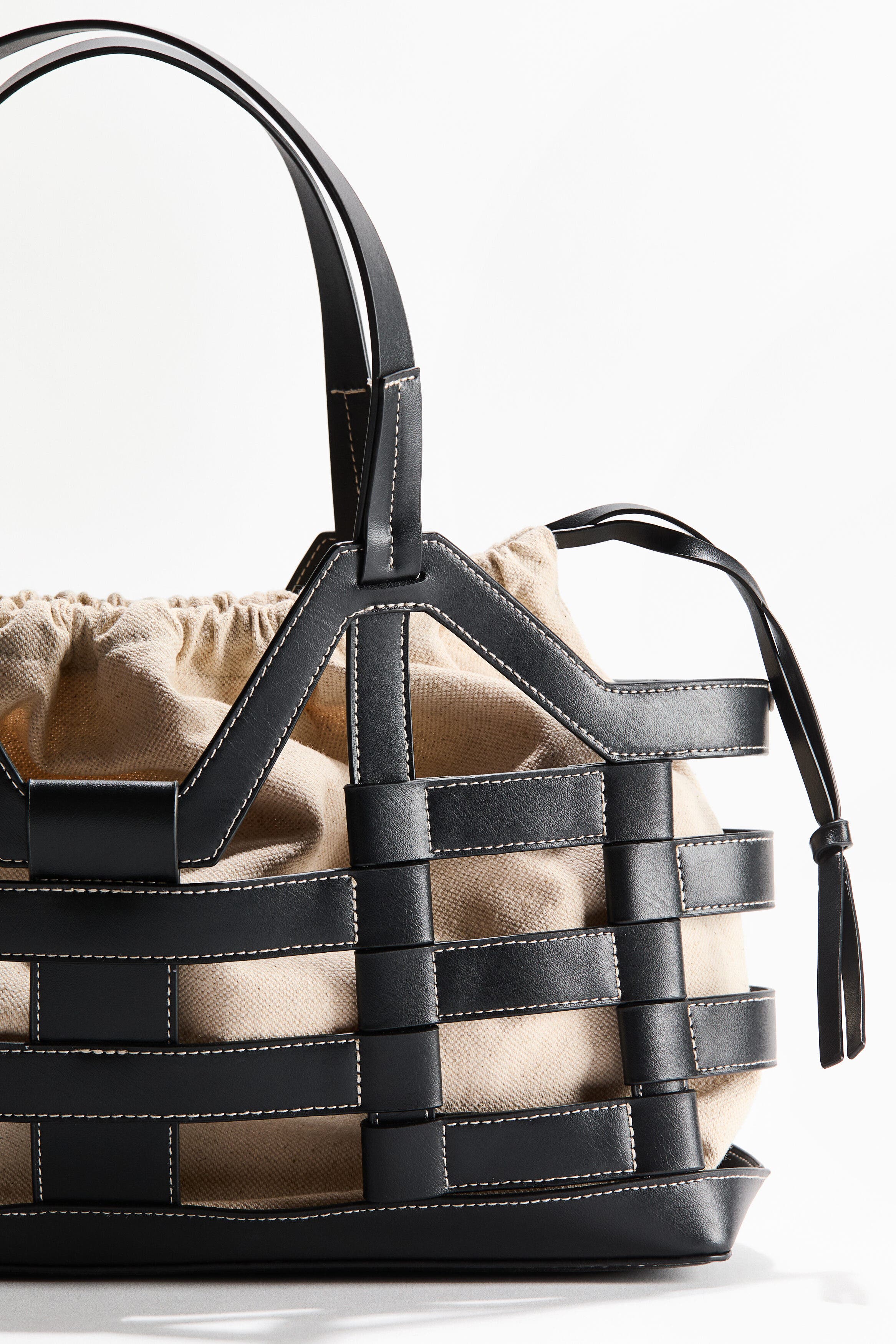 H&M Large drawstring-detail tote bag, Alternate, color, Black/Light Beige