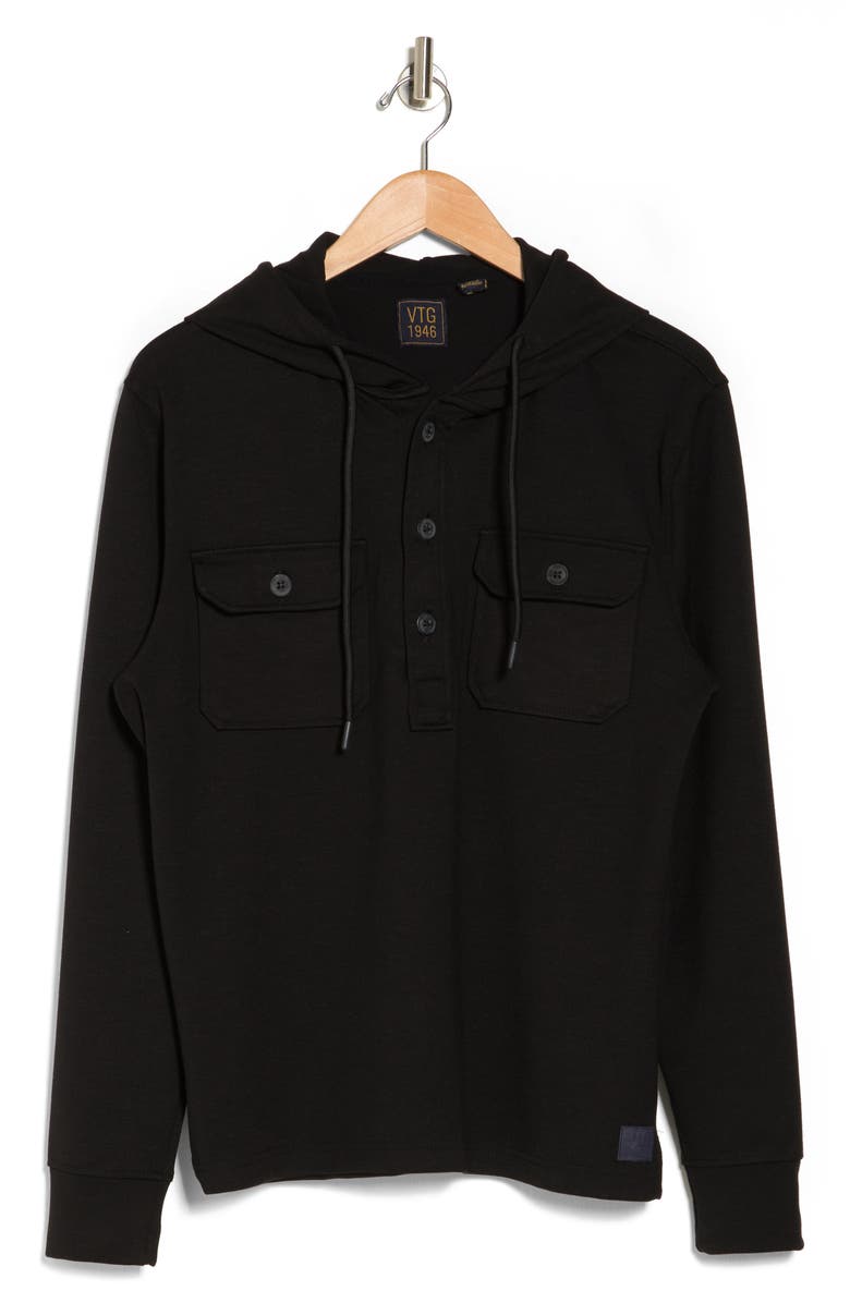 Vintage 1946 Double Knit Slub Half-Button Hoodie Pullover, Alternate, color, Black