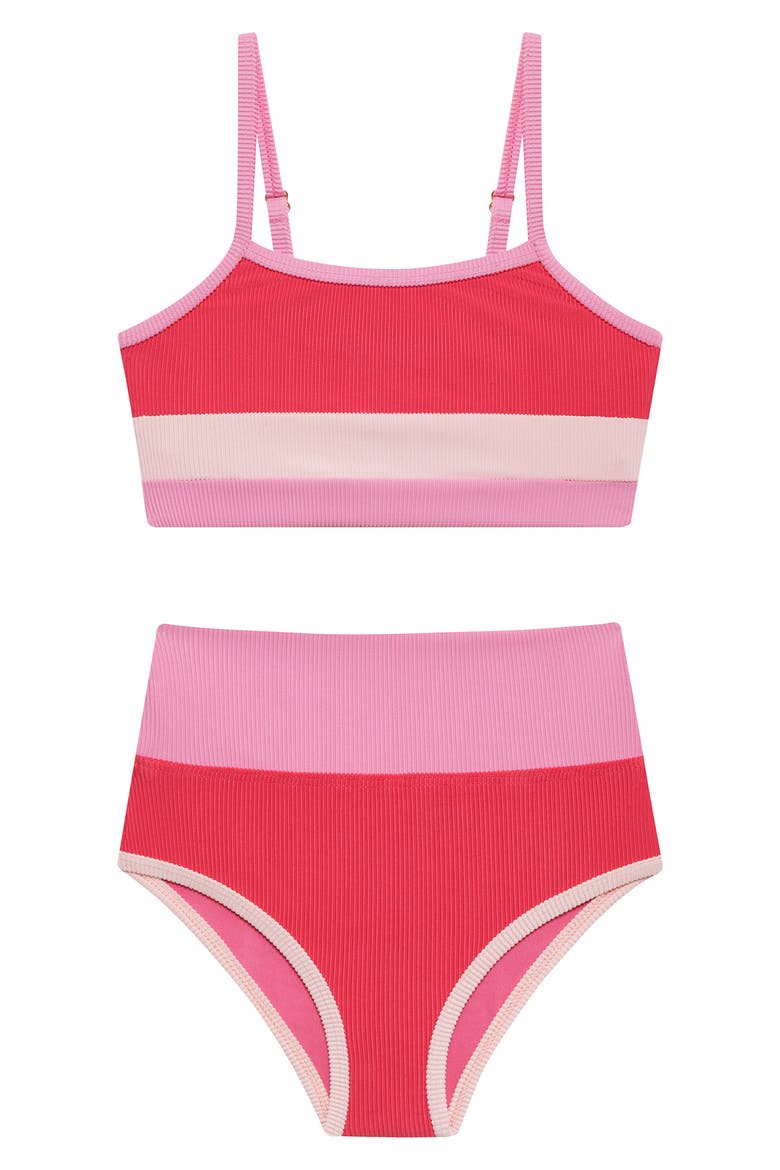 Kids' Colorblock Rib Two-Piece Swimsuit, Main, color, BRIGHT FUCHSIA