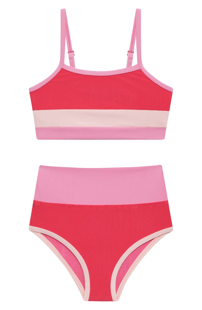 Beach Riot Kids' Colorblock Rib Two-Piece Swimsuit, Main, color, Bright Fuc