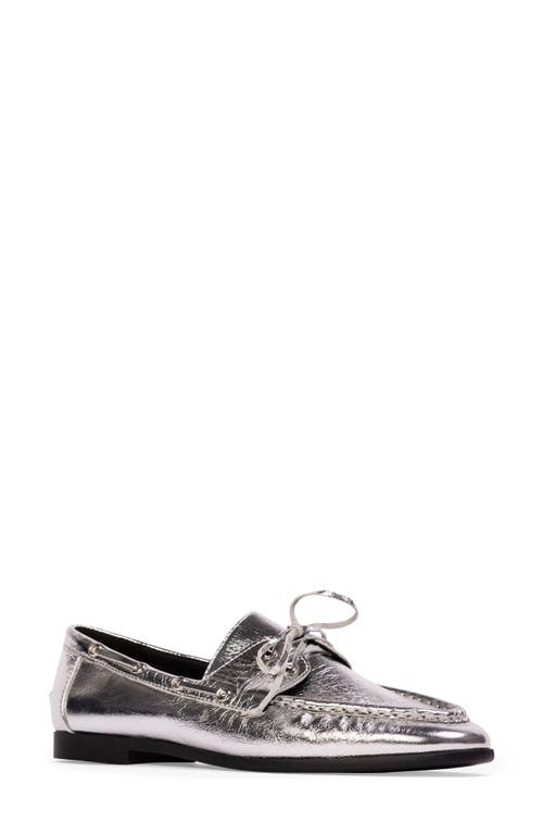 Black Suede Studio Davy Boat Shoe In Silver Crinkle