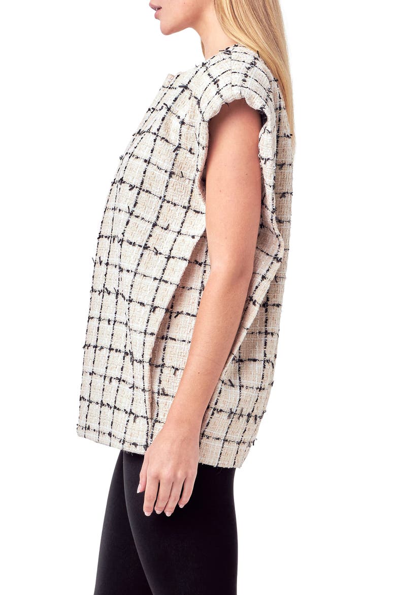 Check Cap Sleeve Tweed Jacket, Alternate, color, CREAM/BLACK
