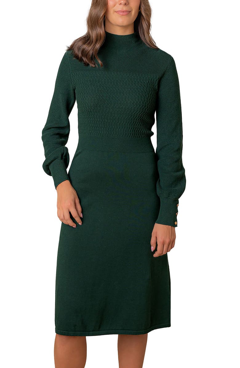 Hope & Henry Organic Mock Neck Bodice Stitch Sweater Dress, Main, color, Deep Green