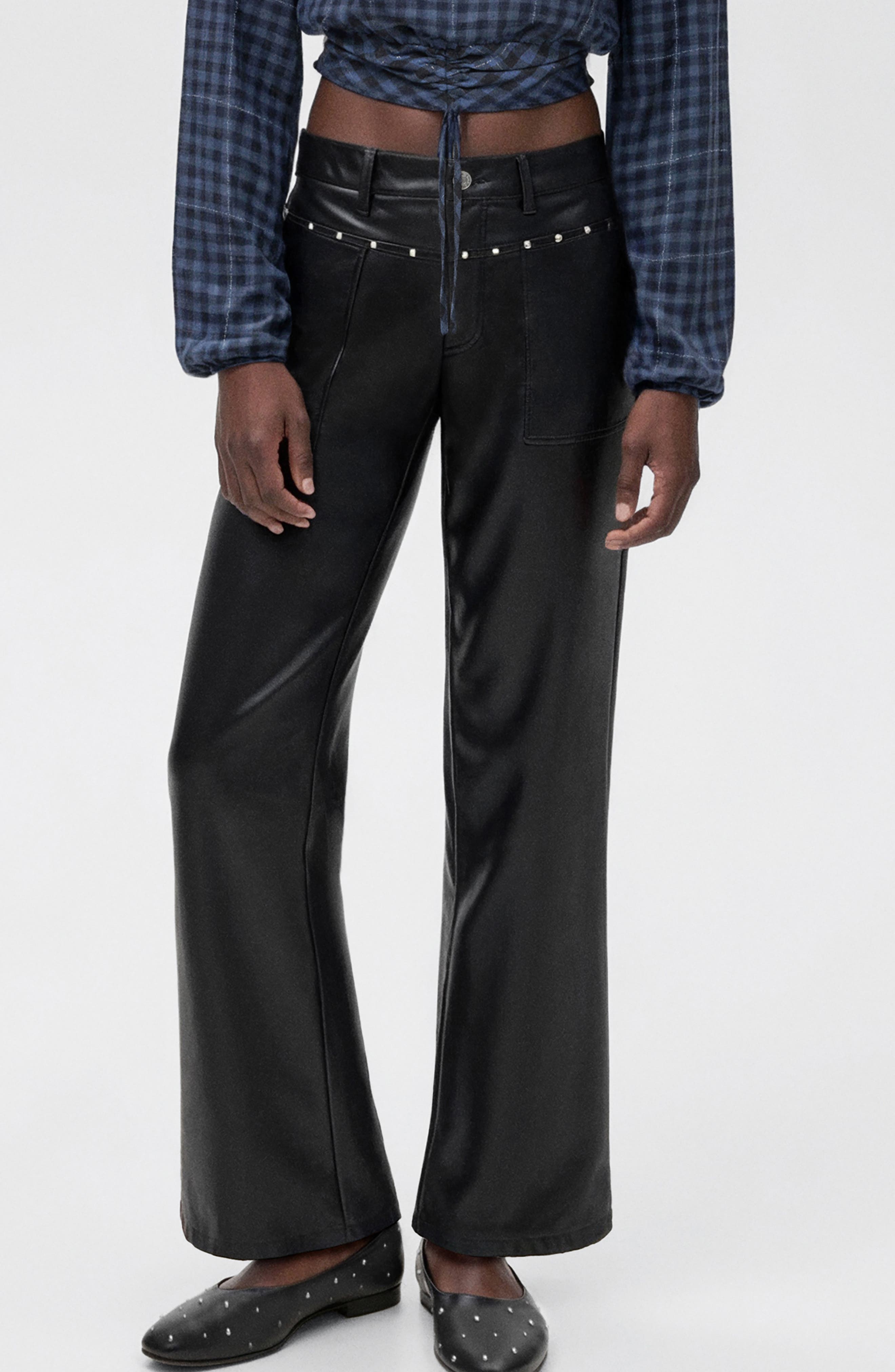 Mango Teen Studded Faux Leather Wide Leg Pants In Black